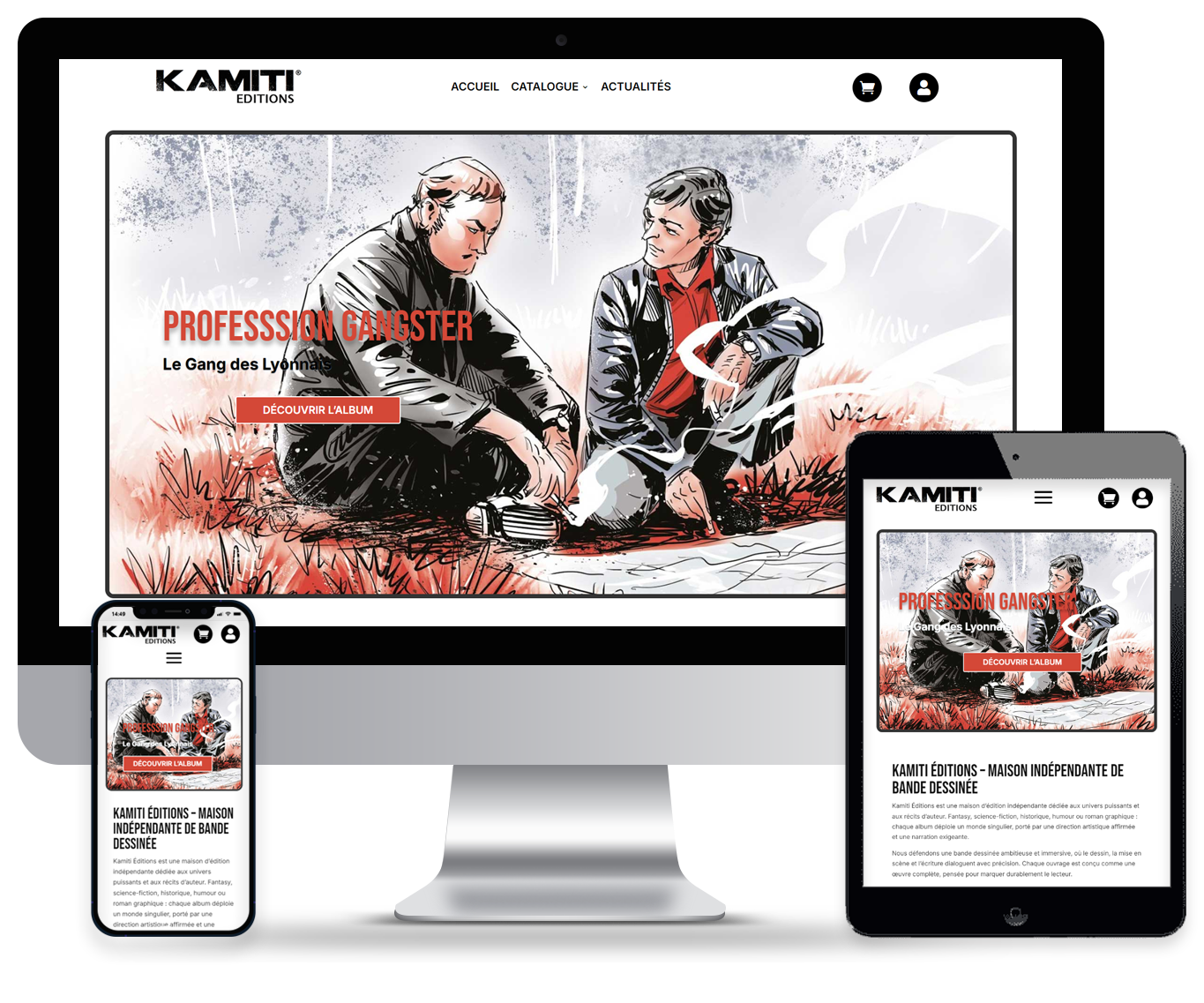 Aperçu du site WordPress réalisé pour Kamiti éditions, affiché sur ordinateur, tablette et smartphone.